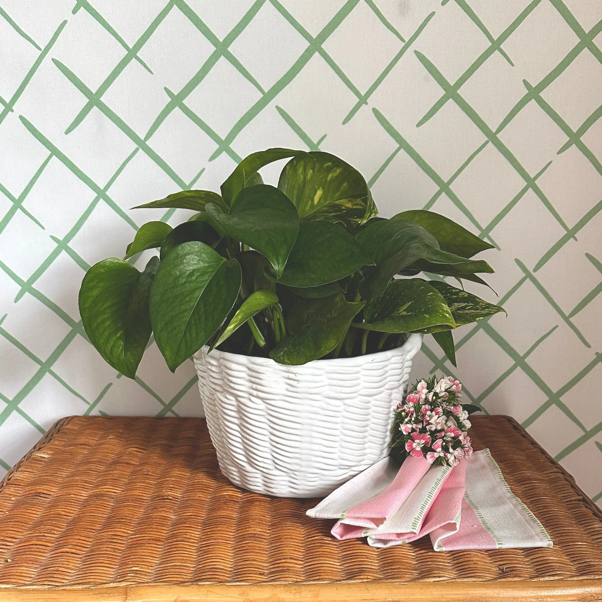 Vintage White Ceramic Portuguese Basketweave Cachepot