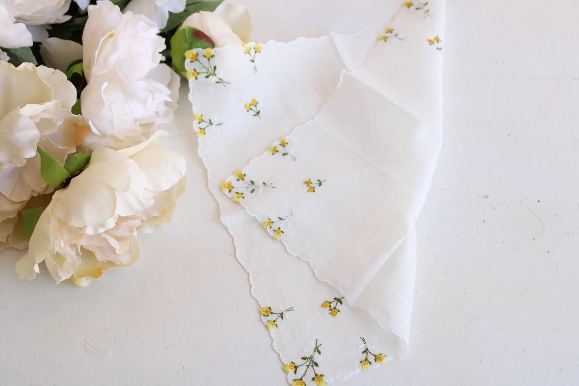Vintage White Linen Yellow Rose Embroidered Hanky