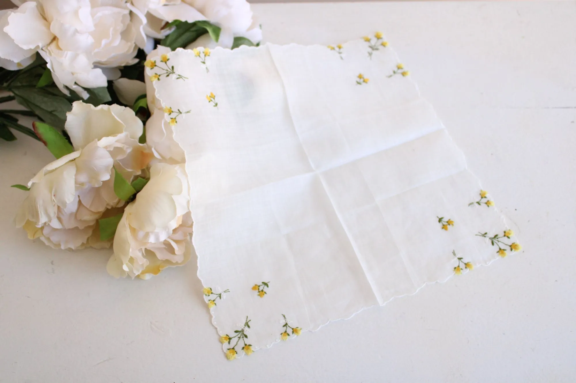 Vintage White Linen Yellow Rose Embroidered Hanky