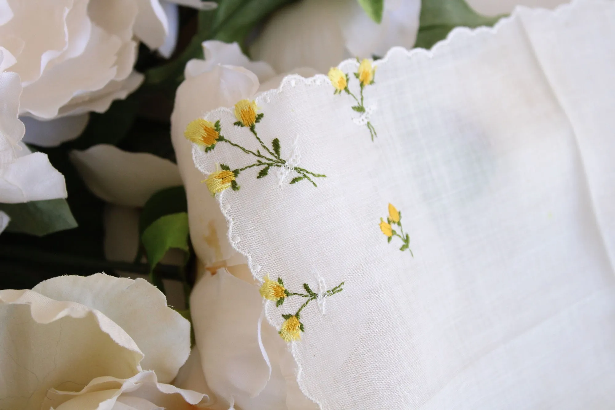 Vintage White Linen Yellow Rose Embroidered Hanky