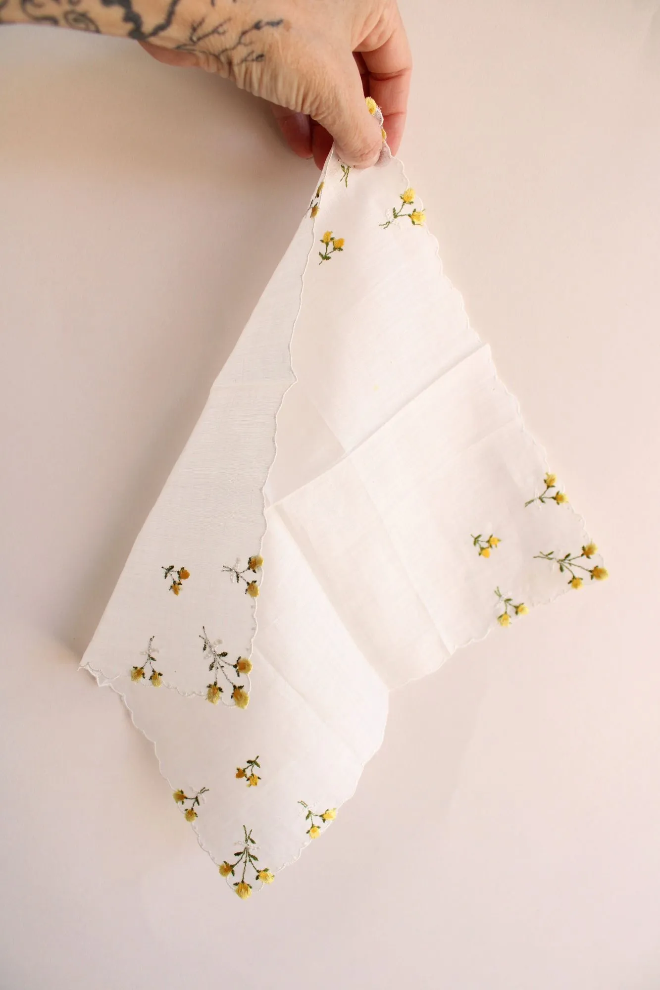 Vintage White Linen Yellow Rose Embroidered Hanky