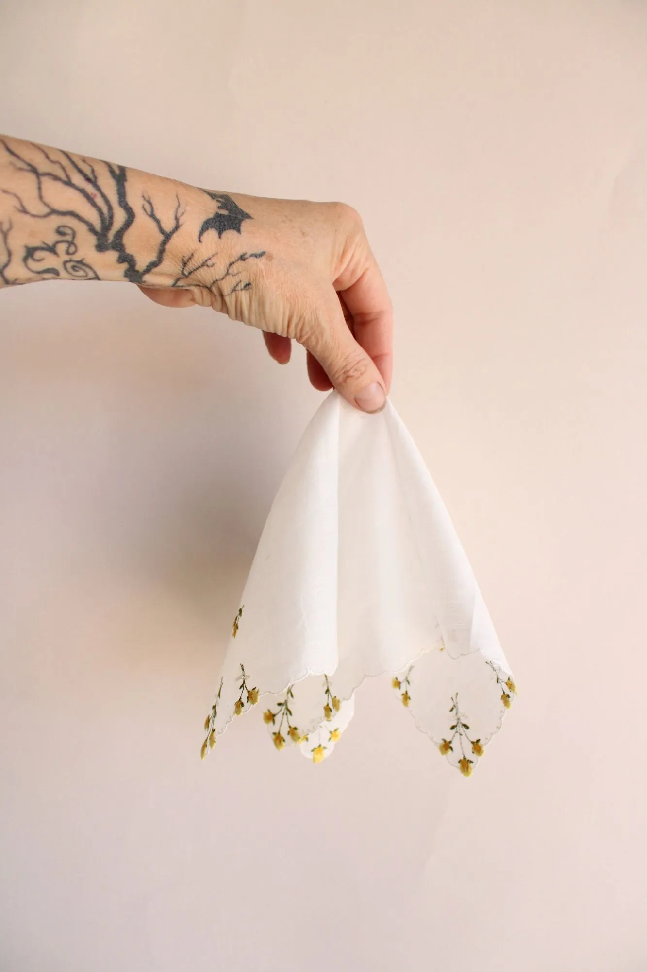 Vintage White Linen Yellow Rose Embroidered Hanky