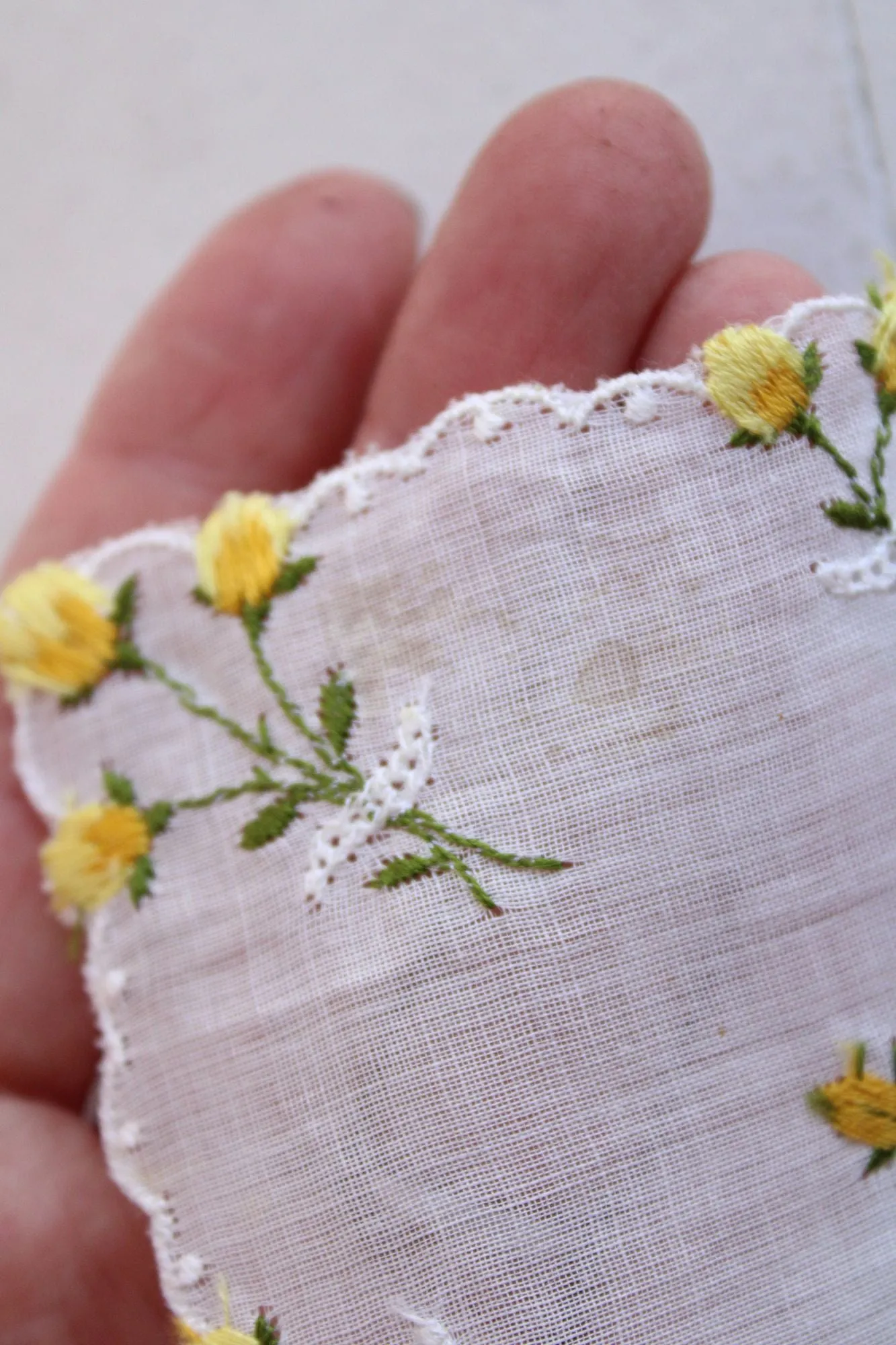 Vintage White Linen Yellow Rose Embroidered Hanky