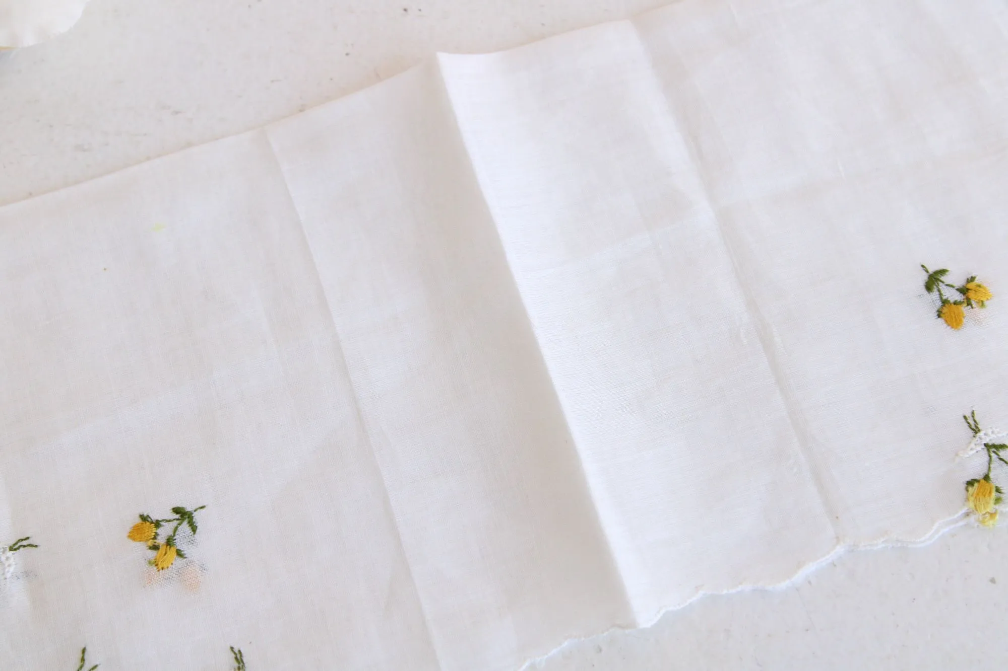 Vintage White Linen Yellow Rose Embroidered Hanky