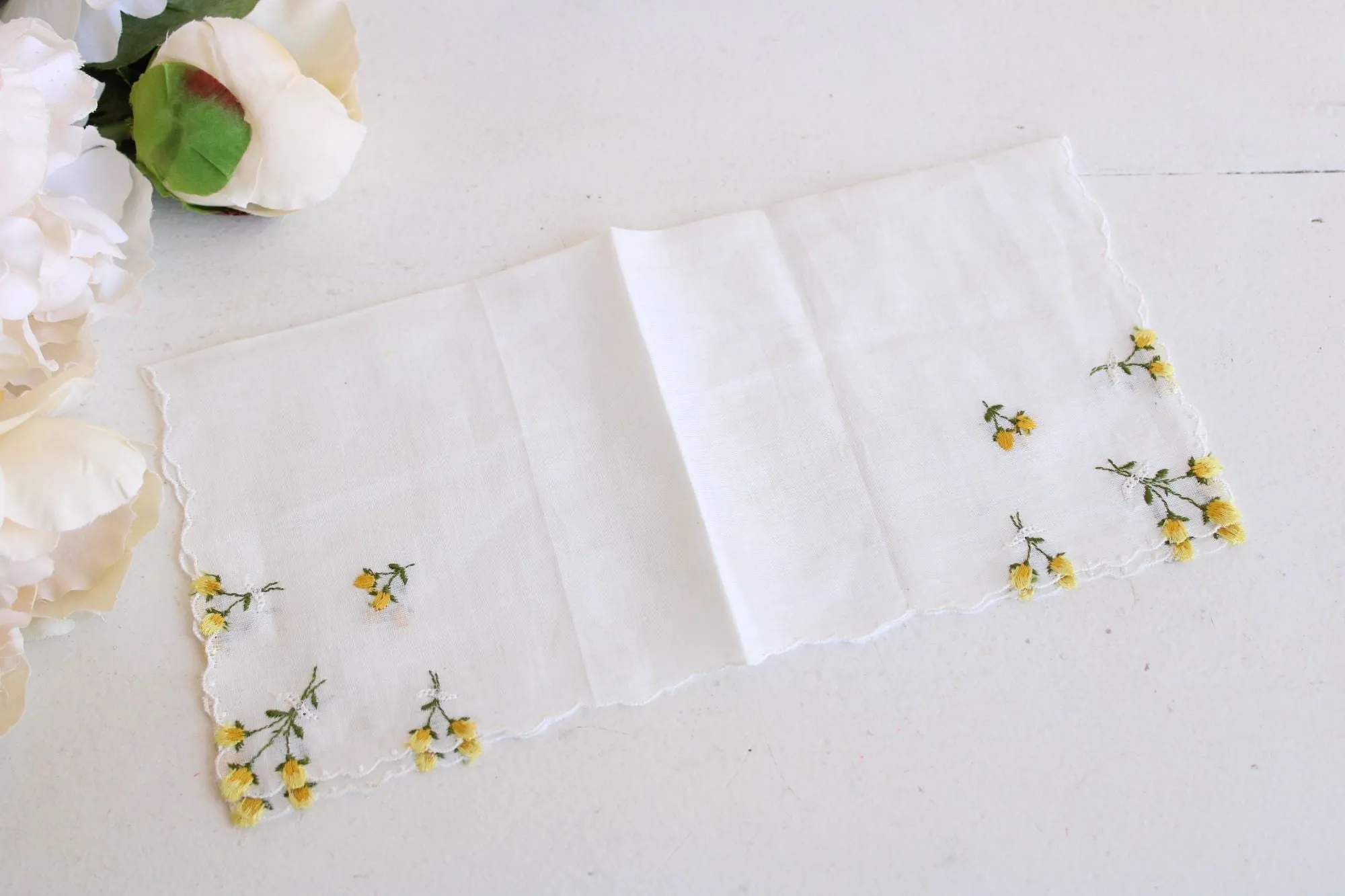Vintage White Linen Yellow Rose Embroidered Hanky