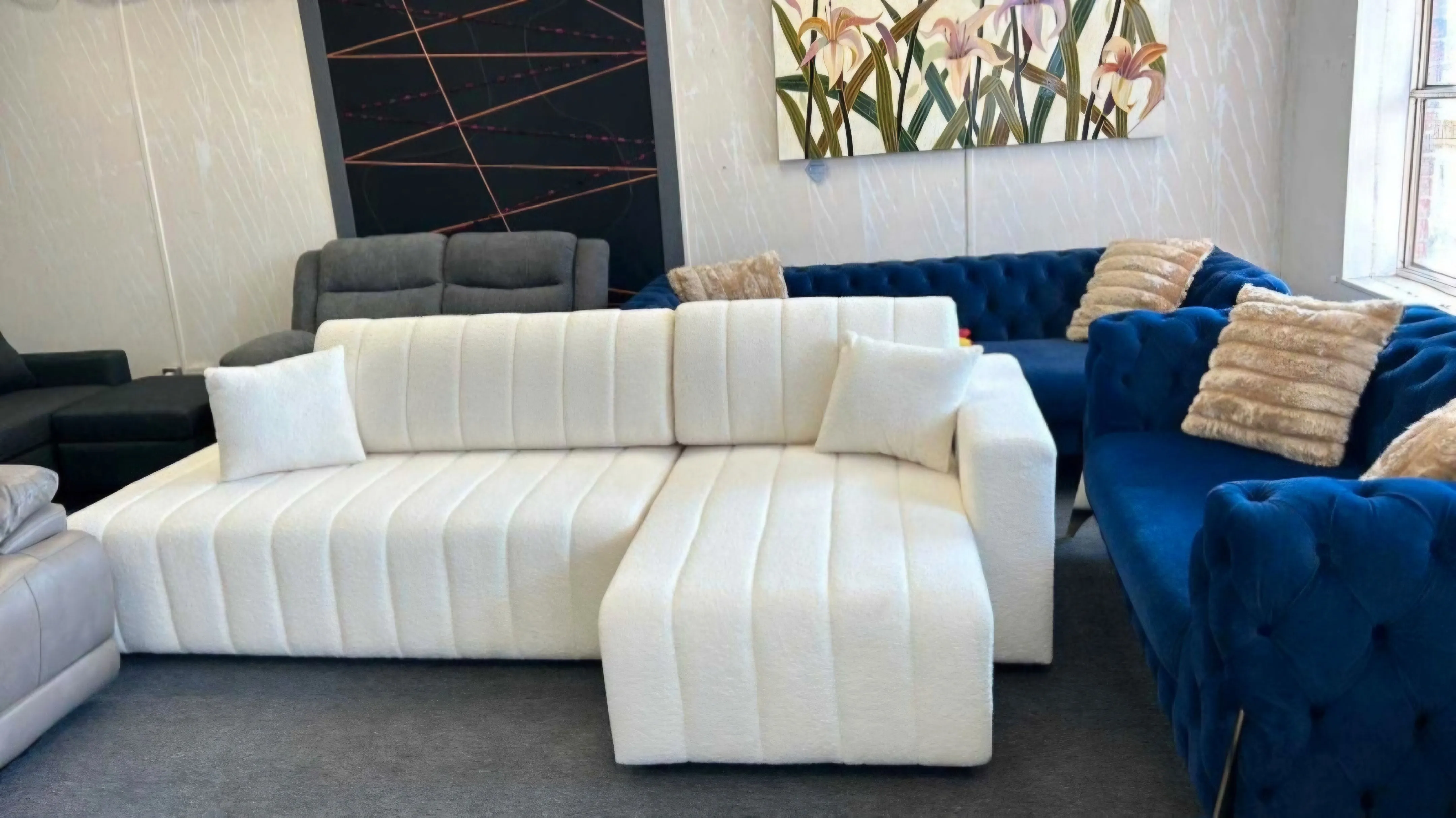 White Fabric Sectional With Throw Pillows- Model Fall