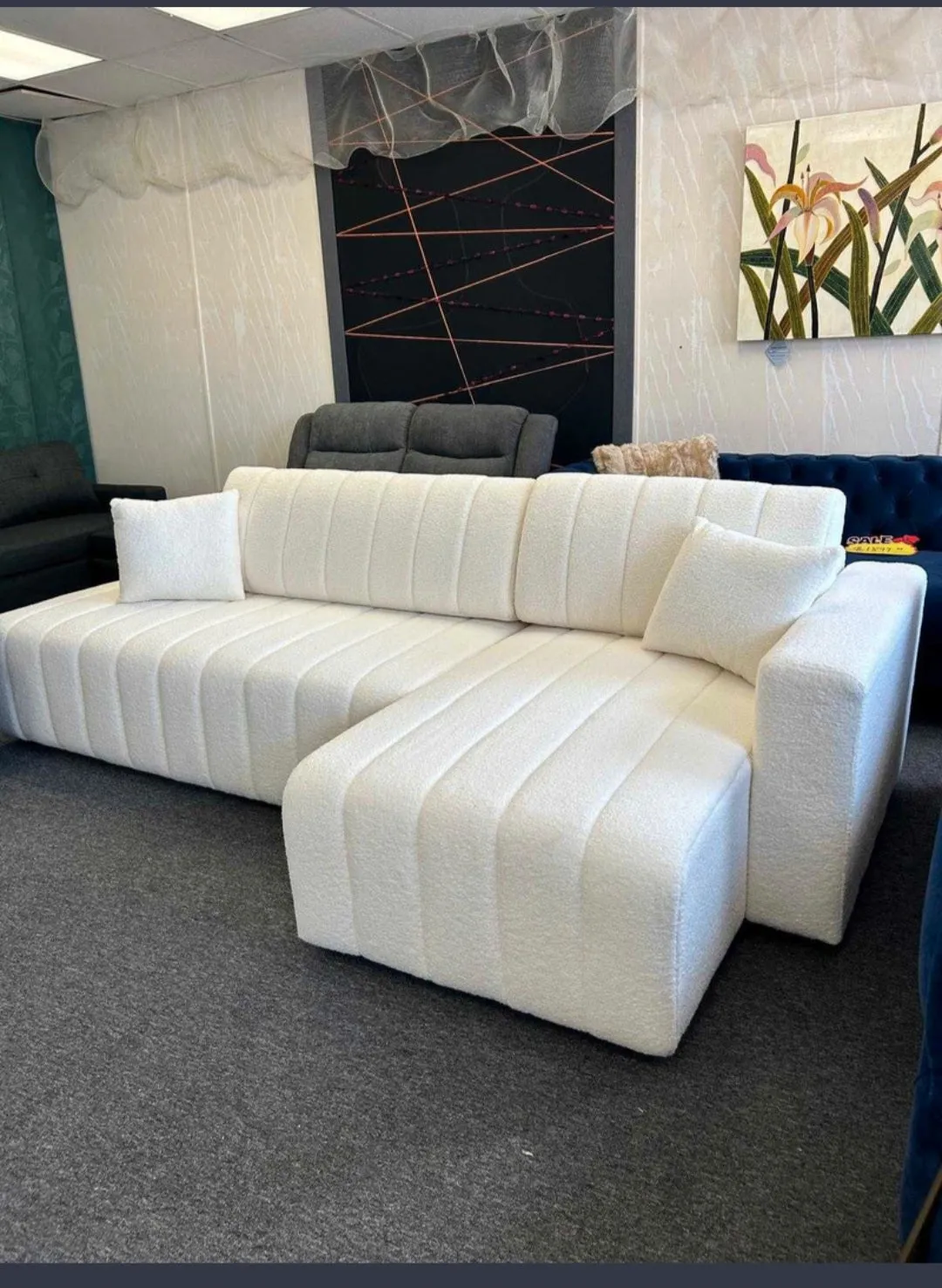 White Fabric Sectional With Throw Pillows- Model Fall