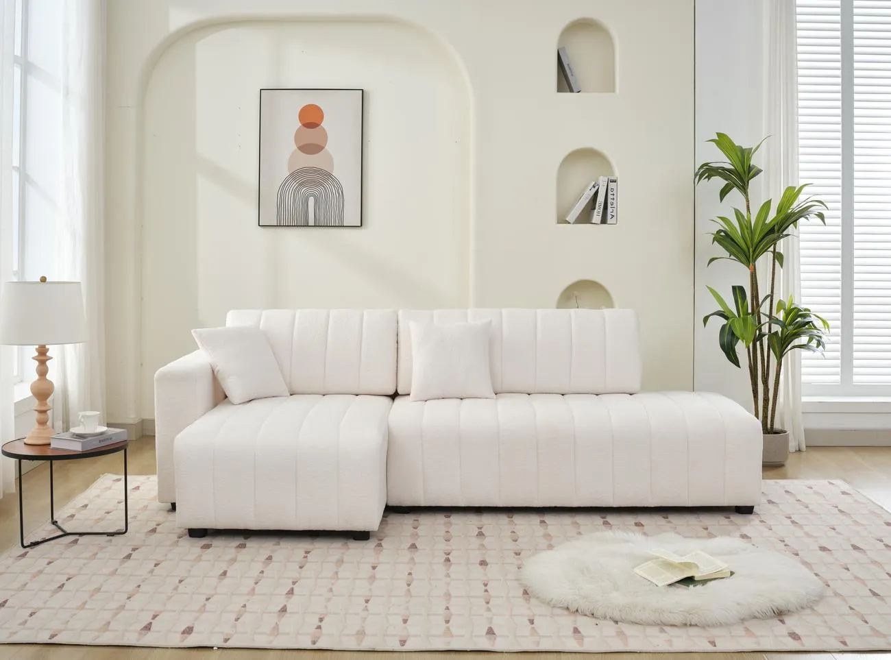 White Fabric Sectional With Throw Pillows- Model Fall