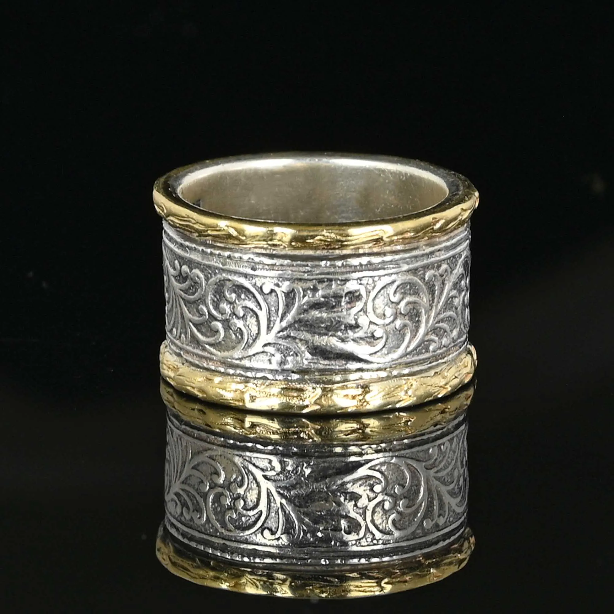 Wide 14K Gold & Silver Engraved Band Ring