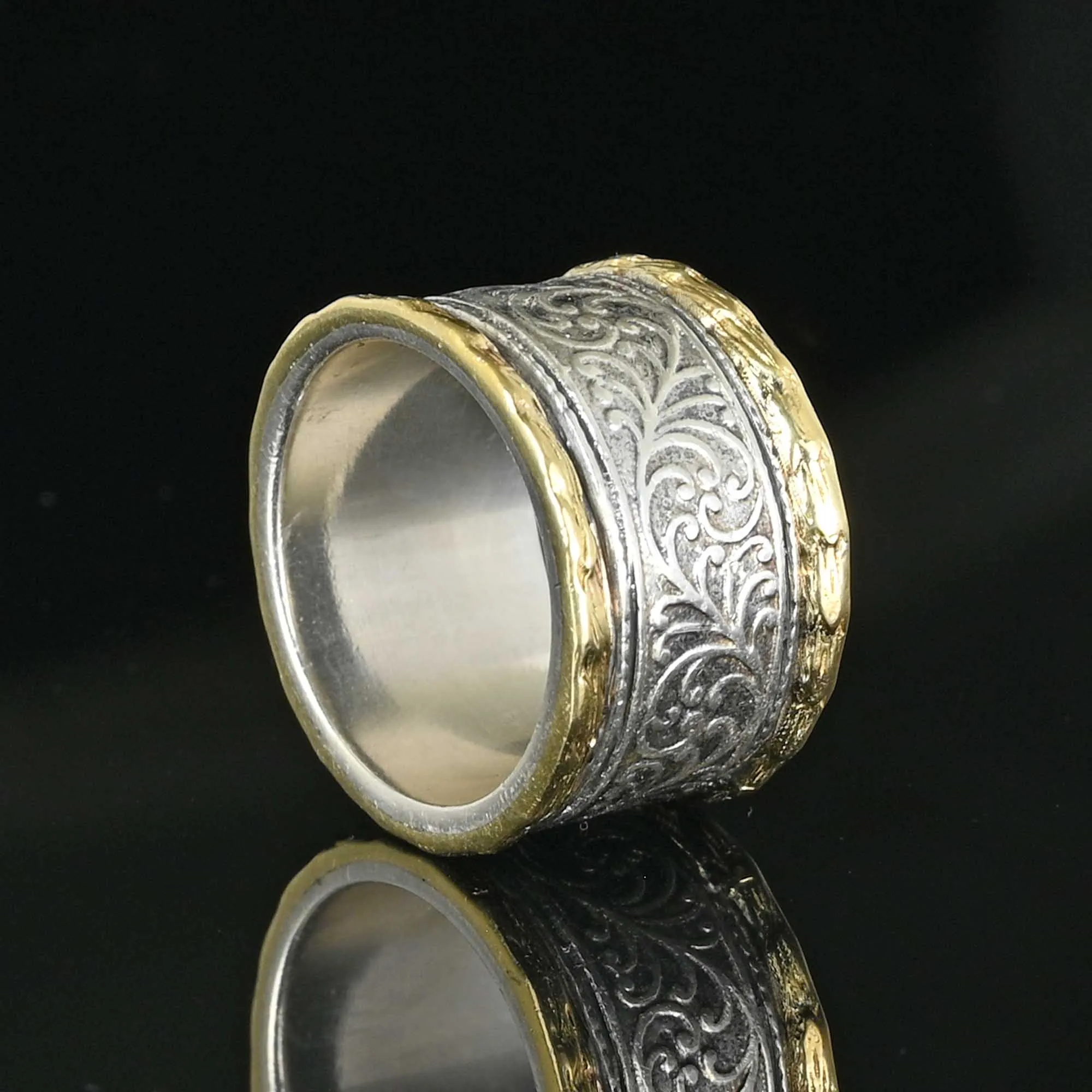Wide 14K Gold & Silver Engraved Band Ring