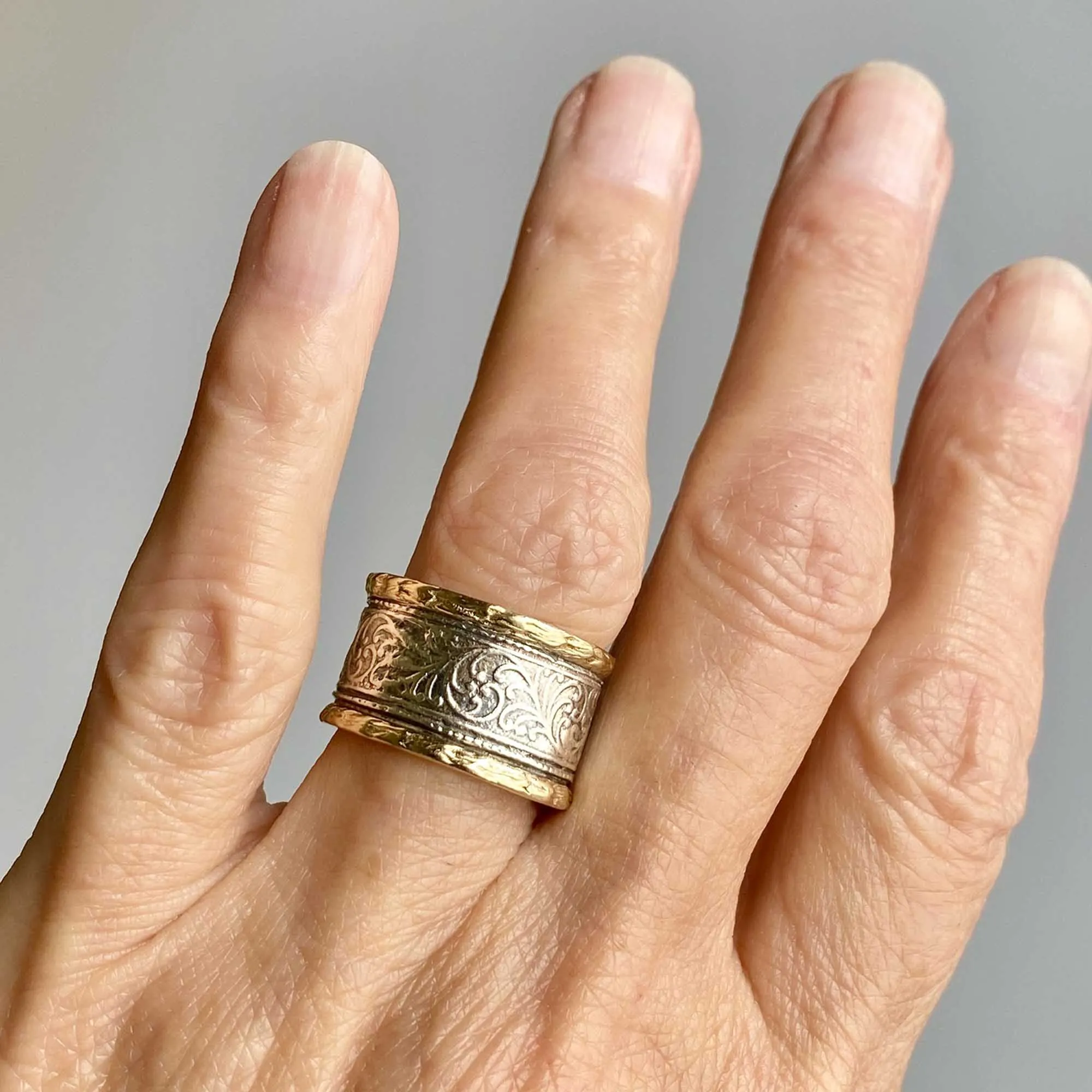 Wide 14K Gold & Silver Engraved Band Ring
