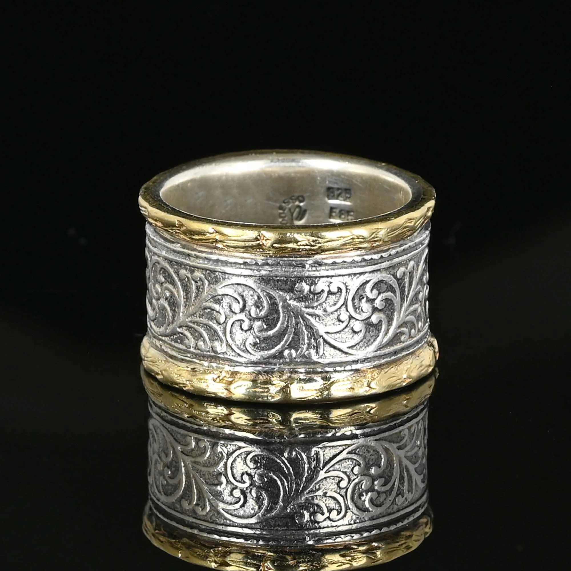 Wide 14K Gold & Silver Engraved Band Ring