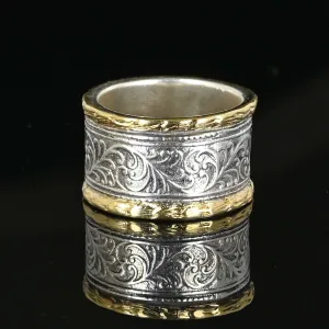 Wide 14K Gold & Silver Engraved Band Ring
