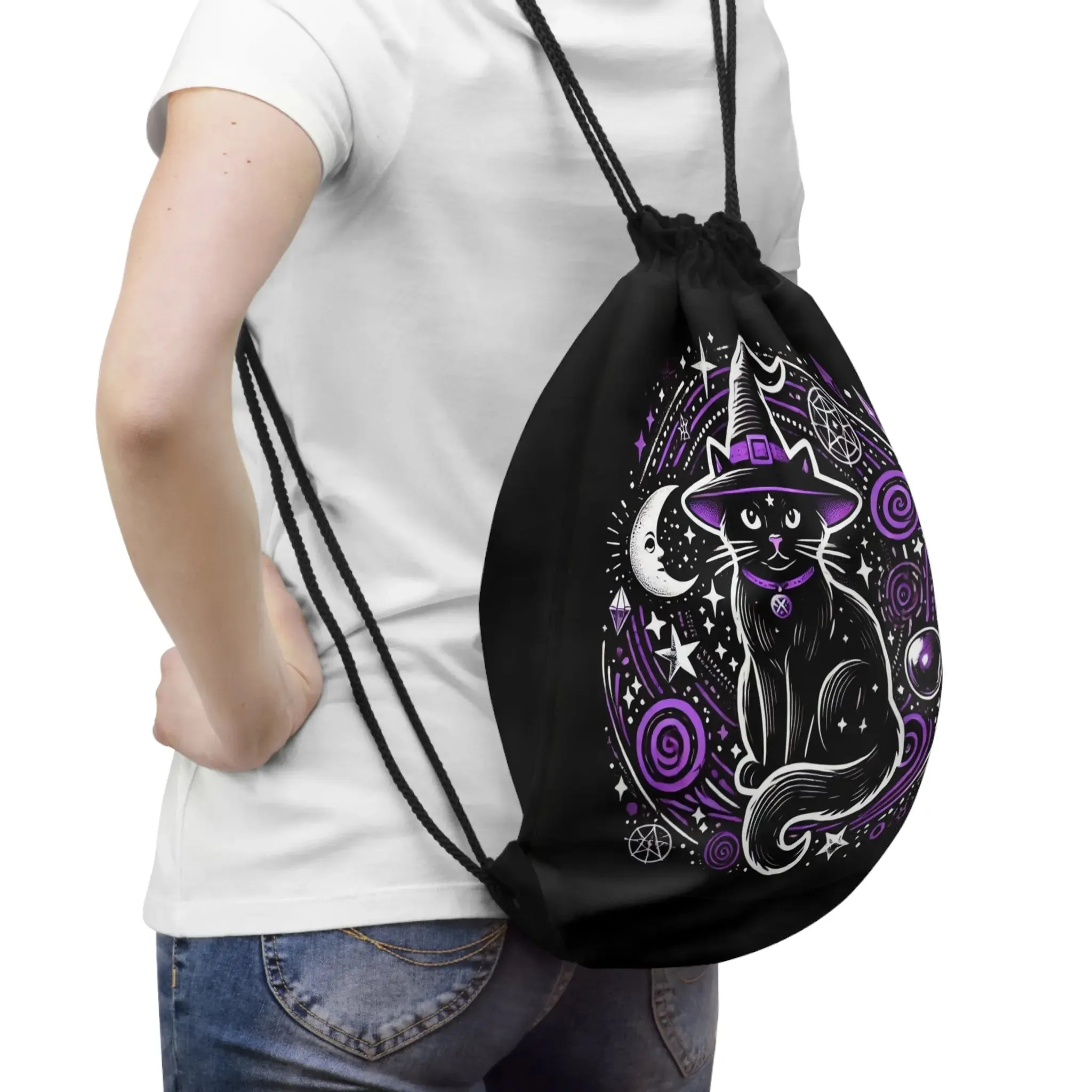 Witch Cat - Purple and Black - Halloween Drawstring Bag
