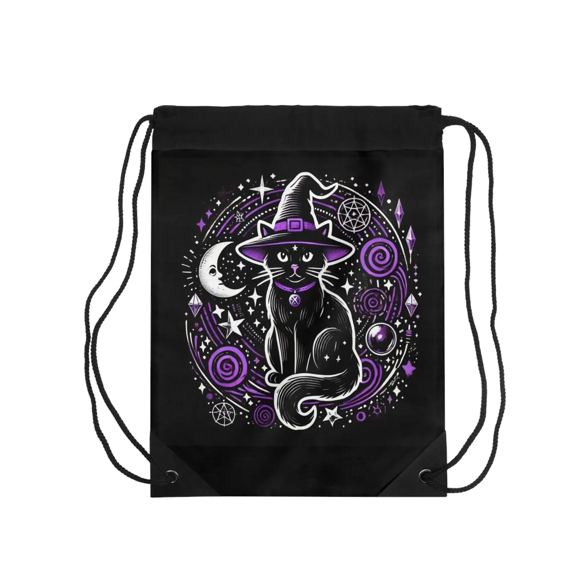 Witch Cat - Purple and Black - Halloween Drawstring Bag