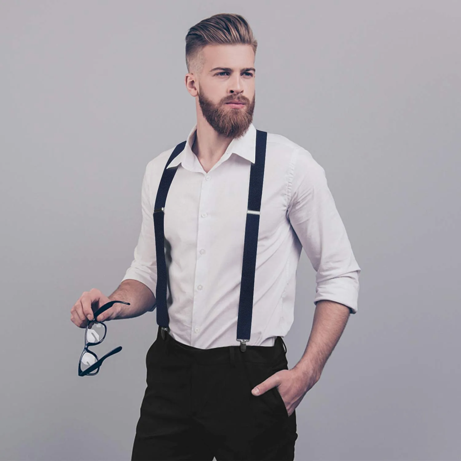 X-shaped Adjustable Suspender with 4 Clips - NAVY BLUE