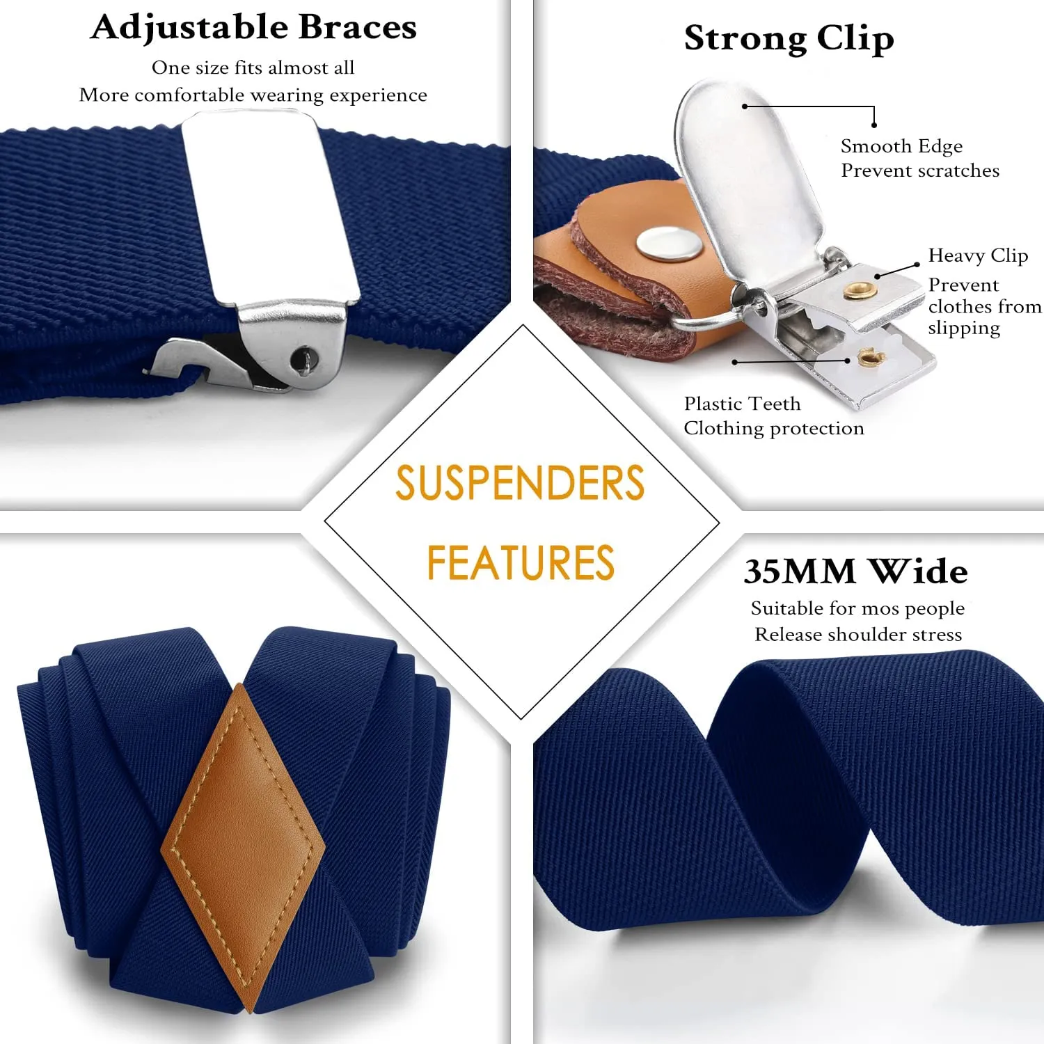 X-shaped Adjustable Suspender with 4 Clips - NAVY BLUE