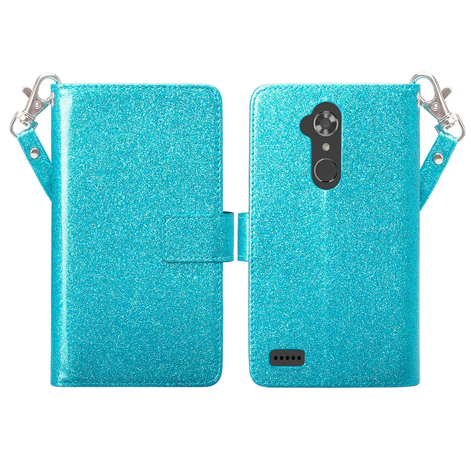 ZTE Max XL Case, ZTE Blade Max 3, ZTE Max Blue, [Wrist Strap] Glitter Faux Leather Flip [Kickstand] Wallet Cover Wristlet - Teal