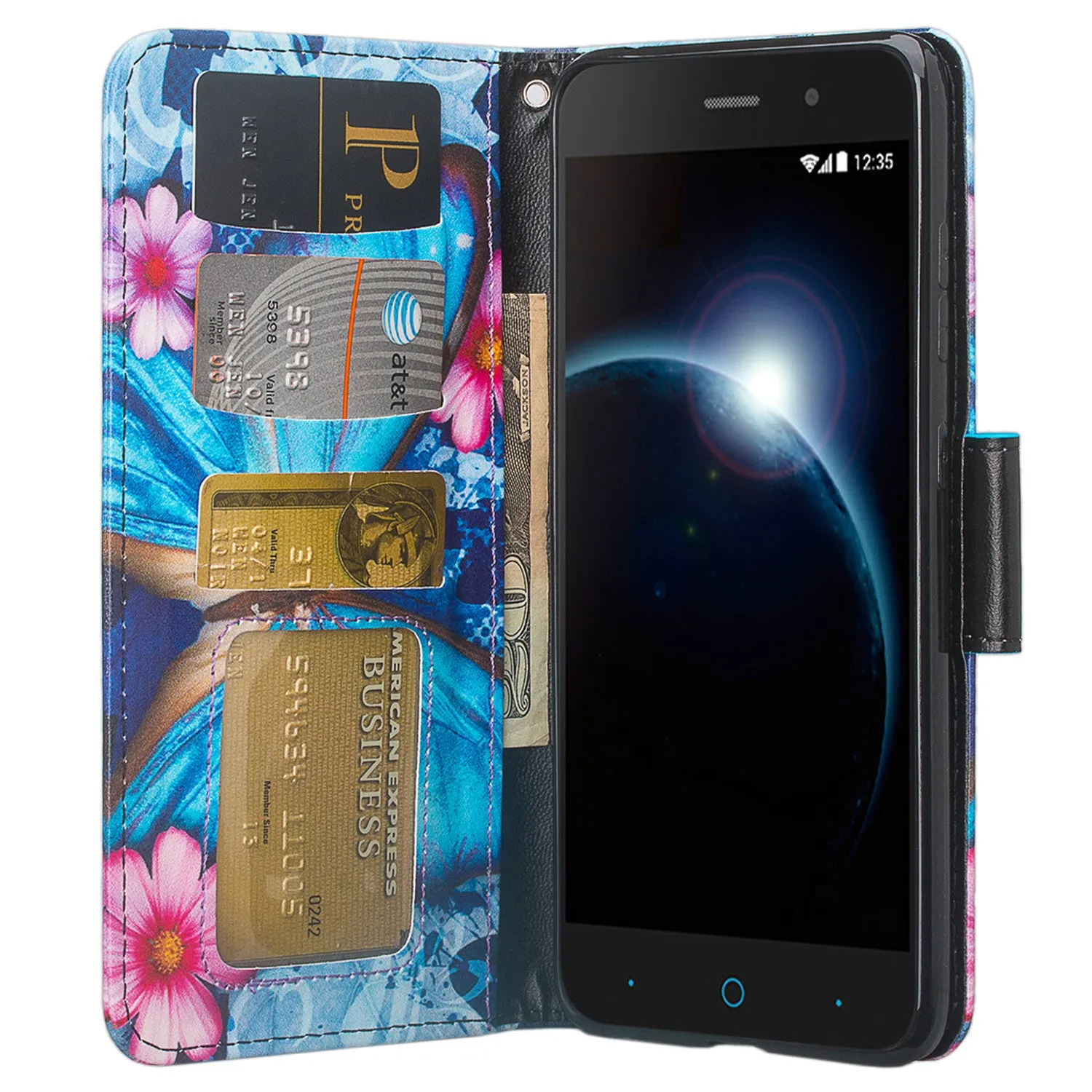 ZTE Sequoia | Blade Z Max | ZTE Z982 Case, Wrist Strap Pu Leather Magnetic Flip[Kickstand] Wallet Case Cover with ID & Card Slots - Blue Butterfly
