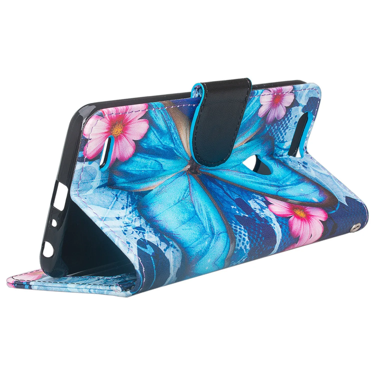 ZTE Sequoia | Blade Z Max | ZTE Z982 Case, Wrist Strap Pu Leather Magnetic Flip[Kickstand] Wallet Case Cover with ID & Card Slots - Blue Butterfly