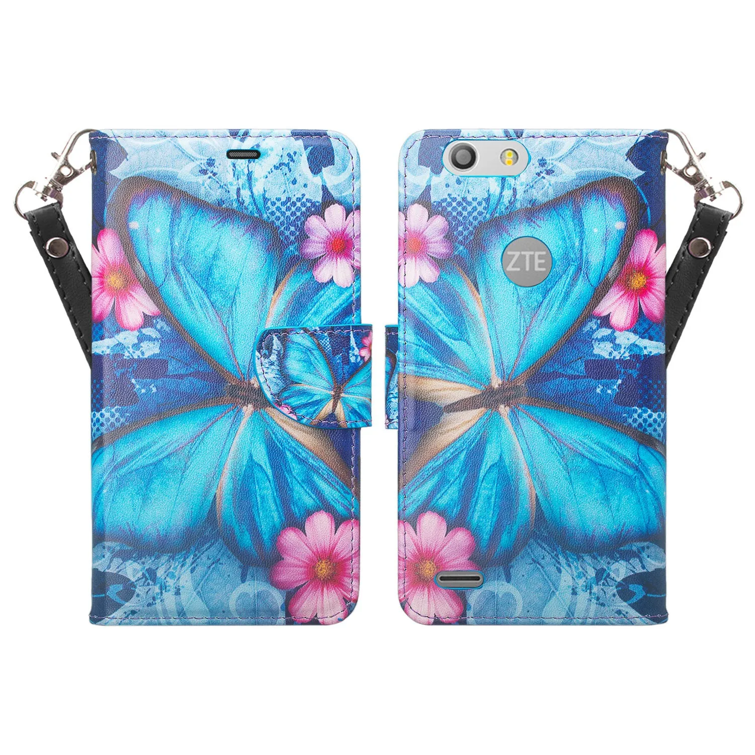 ZTE Sequoia | Blade Z Max | ZTE Z982 Case, Wrist Strap Pu Leather Magnetic Flip[Kickstand] Wallet Case Cover with ID & Card Slots - Blue Butterfly